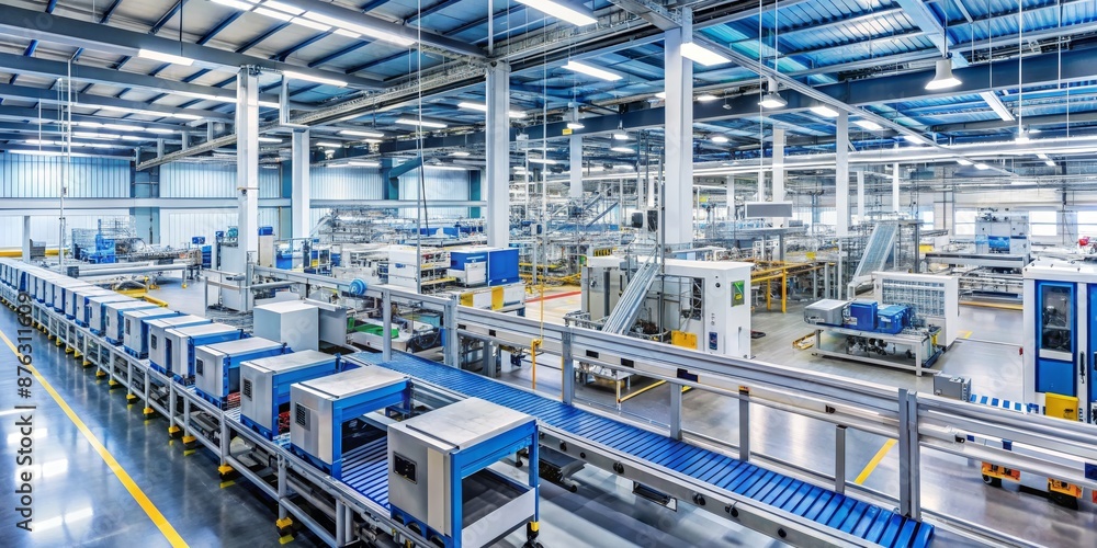 Fototapeta premium Conveyor Belt System in a Modern Factory, industrial, machinery, automation, manufacturing