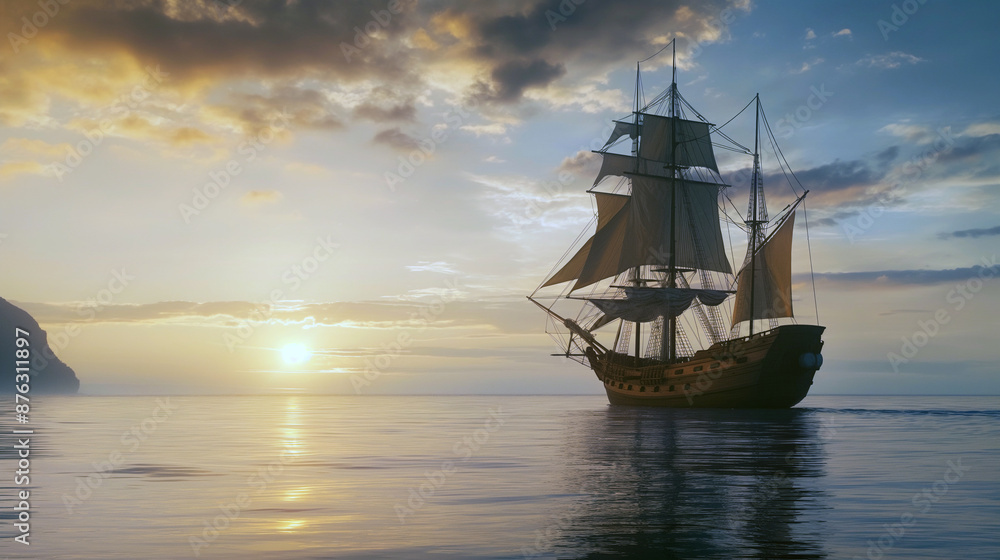 Sailing ship sailing at sea, sunset or sunrise, calm in the ocean Sailing ship sailing at sea, sunset or sunrise, calm in the ocean