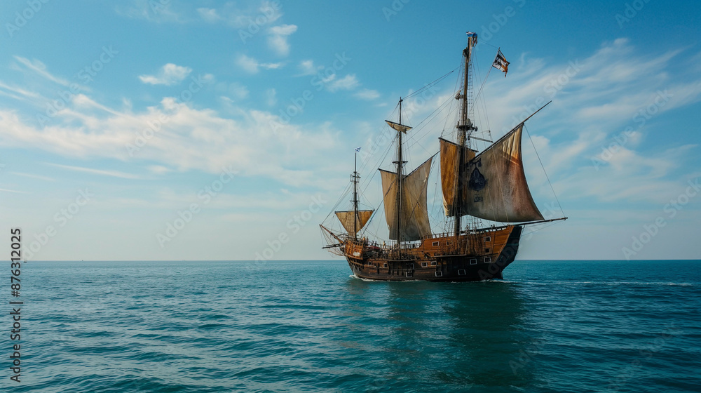 Sailing ship sailing at sea, sunny day, calm in the ocean Sailing ship sailing at sea, sunny day, calm in the ocean