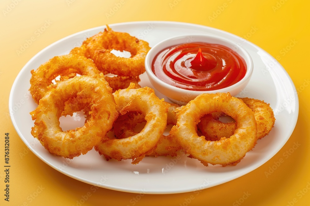 fried onion rings with red sauce on a solid yellow background fried onion rings with red sauce on a solid yellow background
