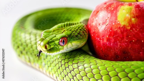 Bright green snake coiled around red apple