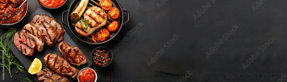 Elegant and sparse background depicting an outdoor barbecue feast, focusing on grilling and meat, Barbecue Grill Meat Cooking Outdoor Feast, have copy space for text, Elegant and sparse background depicting an outdoor barbecue feast, focusing on grilling and meat, Barbecue Grill Meat Cooking Outdoor Feast, have copy space for text,