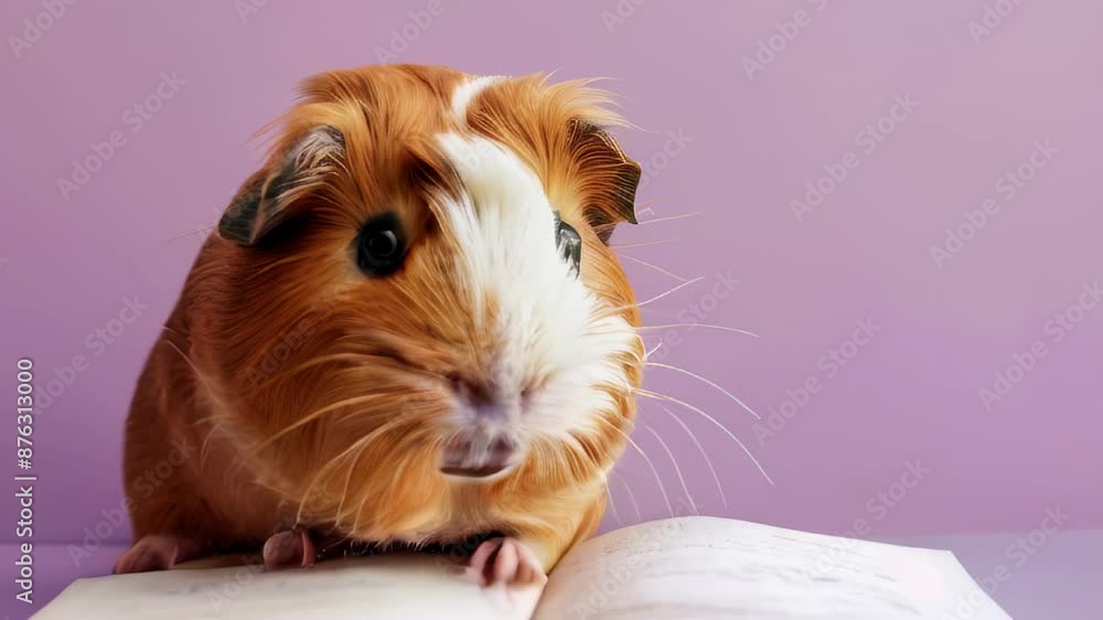 Brown and white guinea pig reading open book Brown and white guinea pig reading open book
