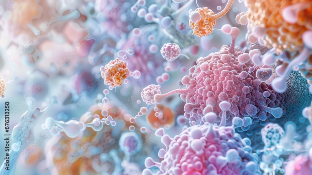 A fascinating microscopic snapshot showing the progression of cancer cell growth, with detailed textures and colors illustrating the formation of malignant clusters within the body A fascinating microscopic snapshot showing the progression of cancer cell growth, with detailed textures and colors illustrating the formation of malignant clusters within the body