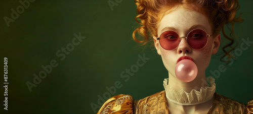 A baroque-style depiction of a beautiful queen with sunglasses blowing bubble gum against a dark green background