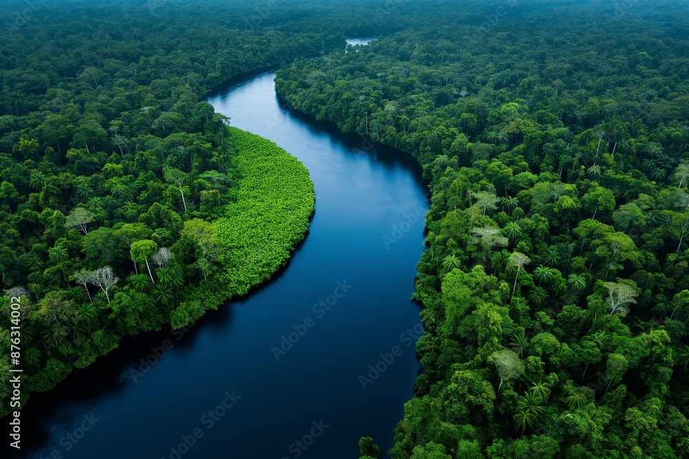 Aerial View of Lush Green Rainforest with Serpentine River Flowing Through Dense Foliage Aerial View of Lush Green Rainforest with Serpentine River Flowing Through Dense Foliage