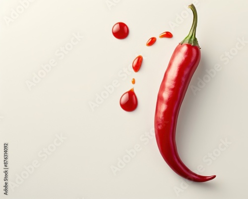 A fresh red chili pepper with liquid dripping from its tip, set against a clean, white background, perfect for culinary and spicy food advertisements photo