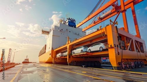A close-up of a vehicle carrier vessel loading cars for global shipping. Large RoRo (Roll-on/Roll-off) car carriers and new cars are lined up at the port for import and export worldwide.