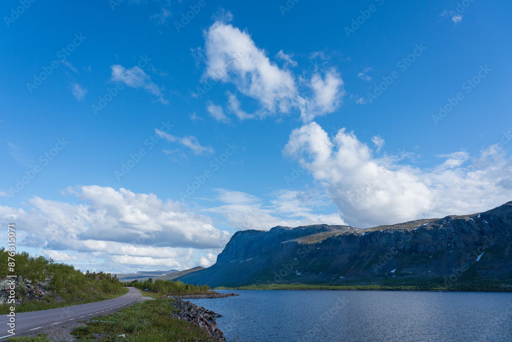 Naklejka premium Landscape at Langas lake in Gällivare, Lappland, Sweden.