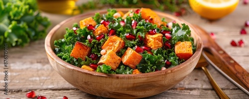 A healthy kale and roasted sweet potato salad in a rustic bowl, topped with pomegranate seeds and a tangy lemon dressing photo