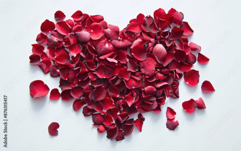 A highly recognizable shape of a heart made of red rose petals, set against a white background, perfect for romantic and Valentine s Day themes A highly recognizable shape of a heart made of red rose petals, set against a white background, perfect for romantic and Valentine s Day themes