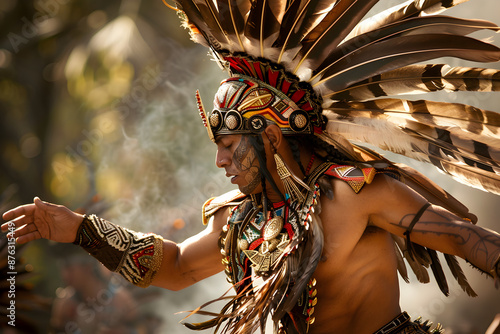 An Aztec warrior in traditional feathered attire, performing a ritual dance.


