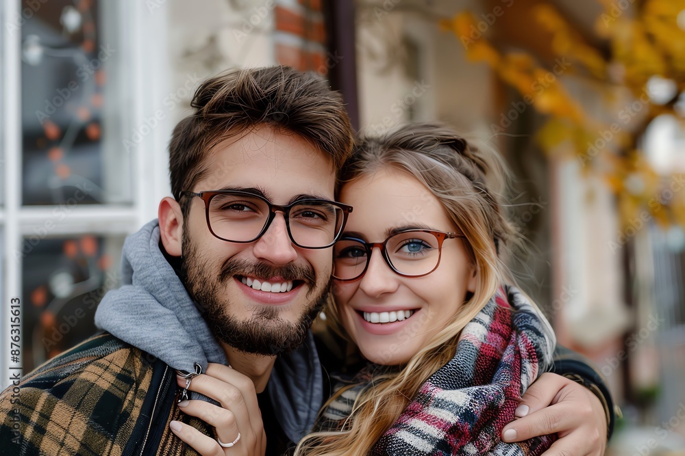 A young couple in glasses smiles happily, standing in front of a storefront on a sunny day. A young couple in glasses smiles happily, standing in front of a storefront on a sunny day.