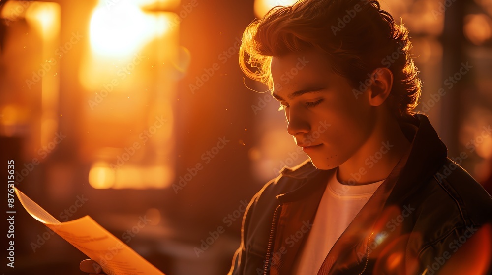 Fototapeta premium A young man with short hair reads a letter in warm, golden light. He is dressed in a leather jacket and a white t-shirt. The background is out of focus.
