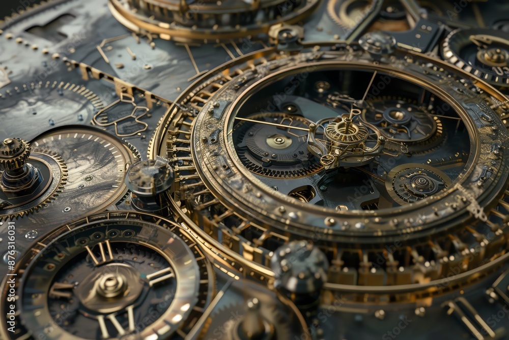 Close-up of intricate clockwork gears and mechanisms. Steampunk aesthetic with gold and bronze tones. Time, technology, and precision. Close-up of intricate clockwork gears and mechanisms. Steampunk aesthetic with gold and bronze tones. Time, technology, and precision.