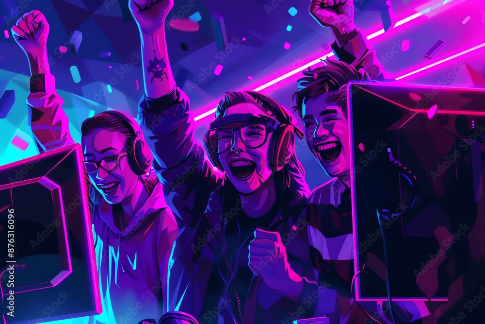 Obraz premium Excited gamers celebrating a victory with confetti and neon lights.