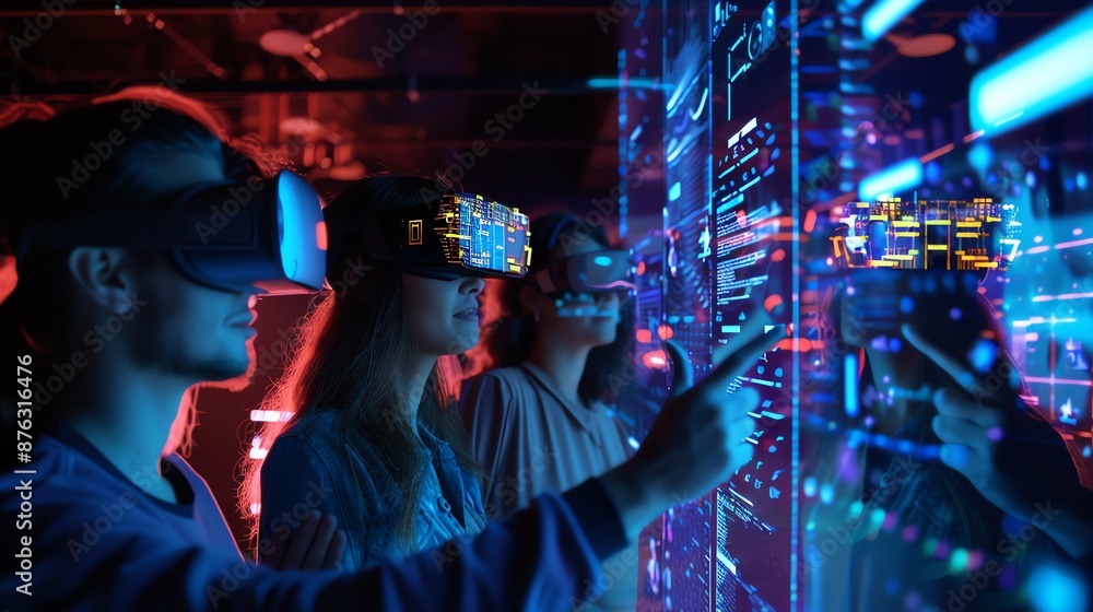 Three people wearing VR headsets interact with a digital interface, exploring virtual reality technology. Three people wearing VR headsets interact with a digital interface, exploring virtual reality technology.
