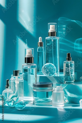 still life photography of skincare bottles, elegant arrangement, blue background, shadows and sunlight 