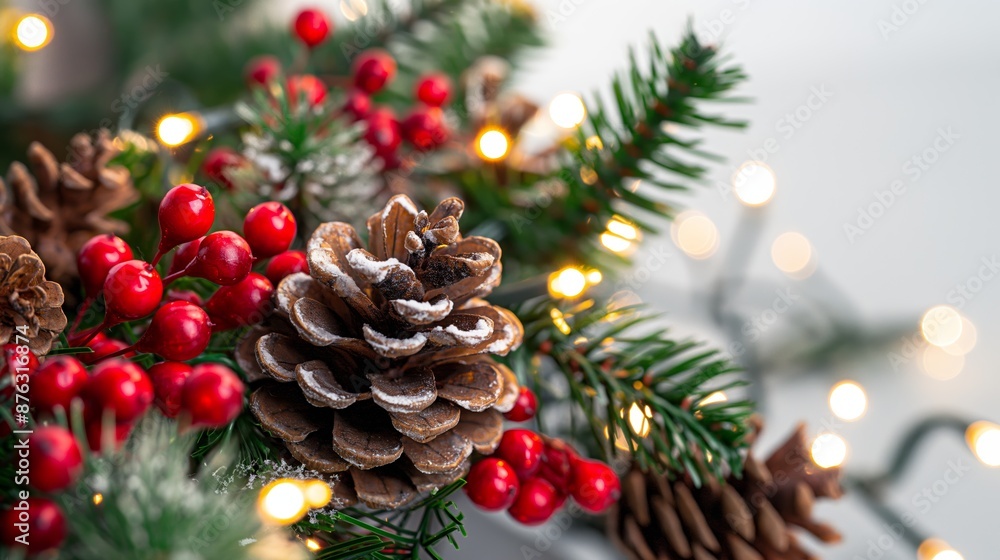 A Christmas tree with red berries and pine cones. Christmas background A Christmas tree with red berries and pine cones. Christmas background
