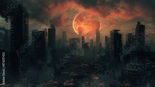 A dystopian cityscape silhouetted against a blood-red moon, conveying a sense of desolation and impending doom.