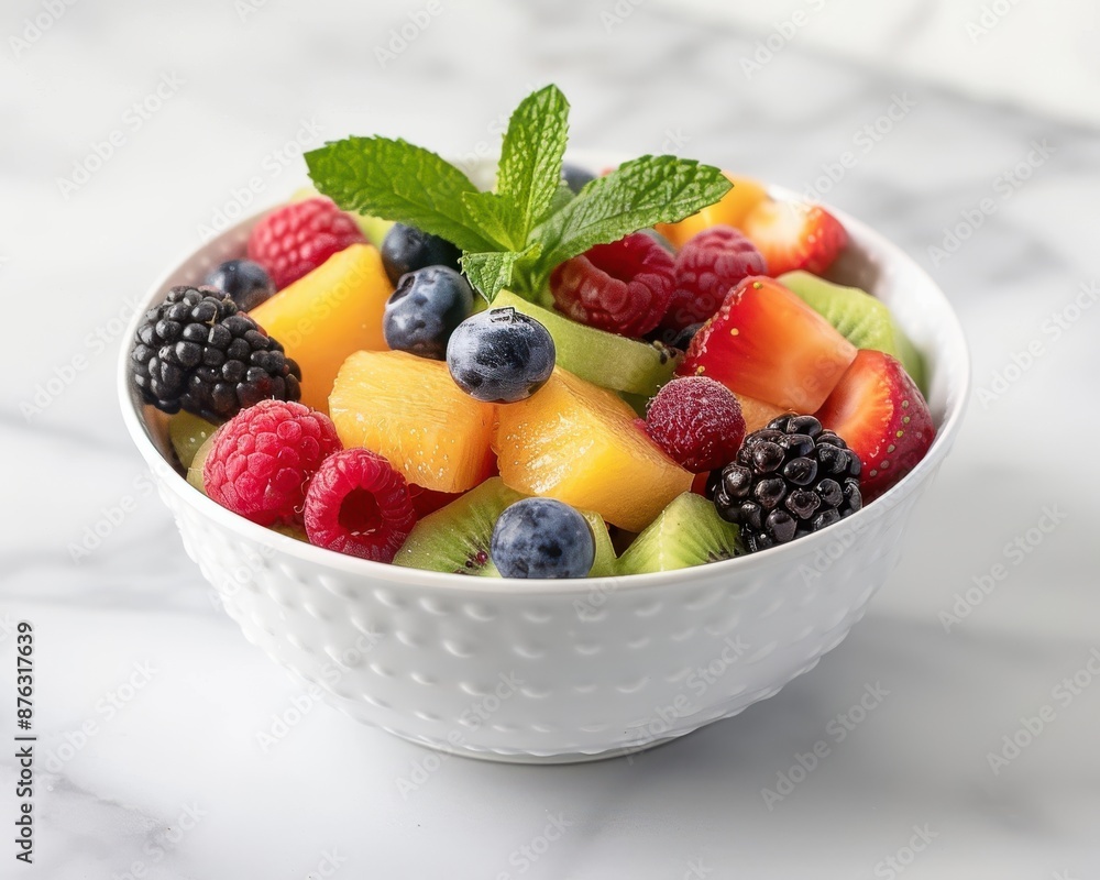 A refreshing fruit salad in a white porcelain bowl, with a mix of berries, melon, kiwi, and mint leaves, perfect for a healthy snack A refreshing fruit salad in a white porcelain bowl, with a mix of berries, melon, kiwi, and mint leaves, perfect for a healthy snack