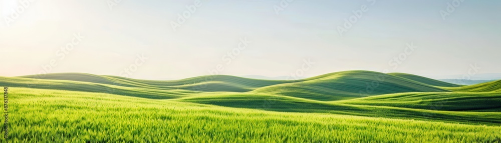 A serene green landscape with rolling hills and a clear blue sky, isolated on white background, ideal for nature-themed A serene green landscape with rolling hills and a clear blue sky, isolated on white background, ideal for nature-themed