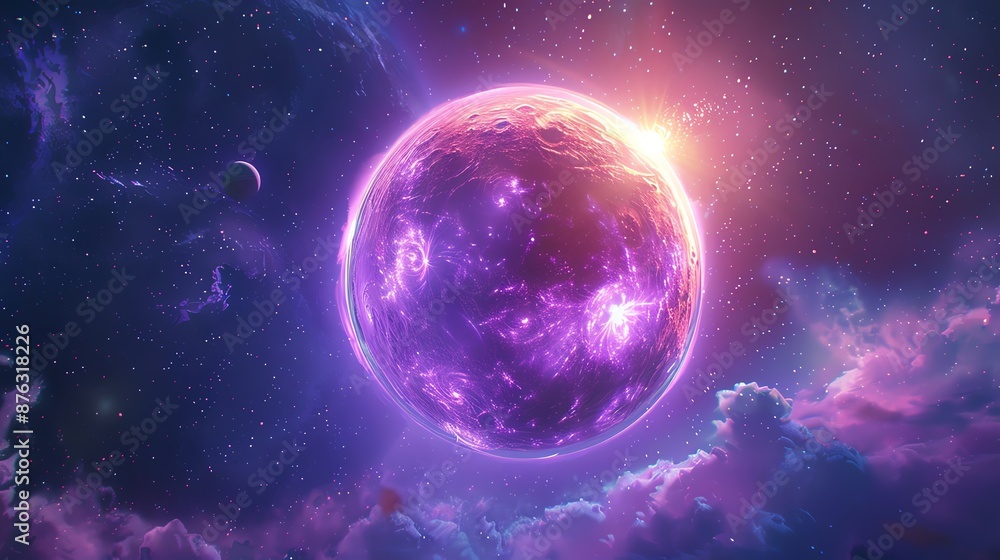 A vibrant, glowing purple planet in a cosmic scene. The planet shines brightly, surrounded by swirling clouds and twinkling stars. A vibrant, glowing purple planet in a cosmic scene. The planet shines brightly, surrounded by swirling clouds and twinkling stars.