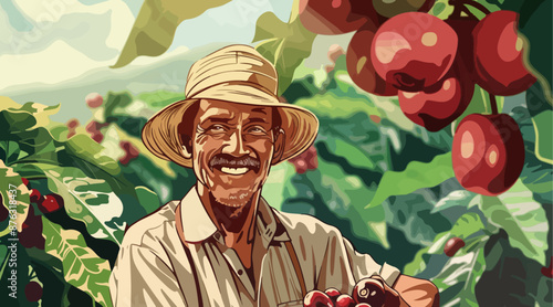 Vektorillustration eines lächelnden Kaffeebauern mit Strohhut, bei der Ernte von Kaffeekirschen auf einer Kaffeeplantage.