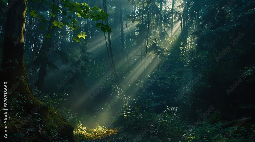 Obraz premium Sunlight streams through the dense canopy of a lush rainforest, illuminating the verdant undergrowth.