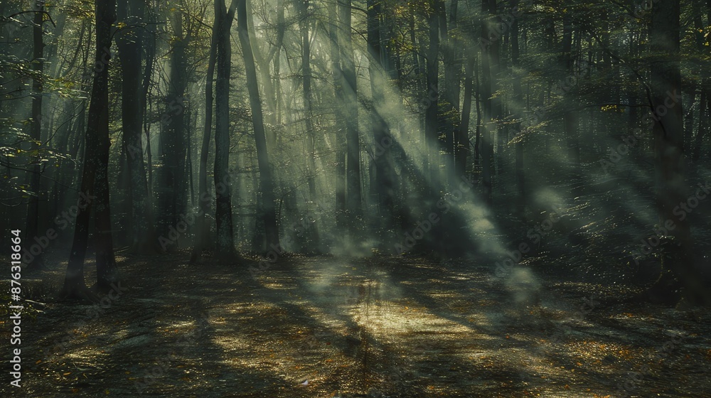 Sunbeams pierce through the dense canopy of a mysterious forest, illuminating a path ahead. Sunbeams pierce through the dense canopy of a mysterious forest, illuminating a path ahead.