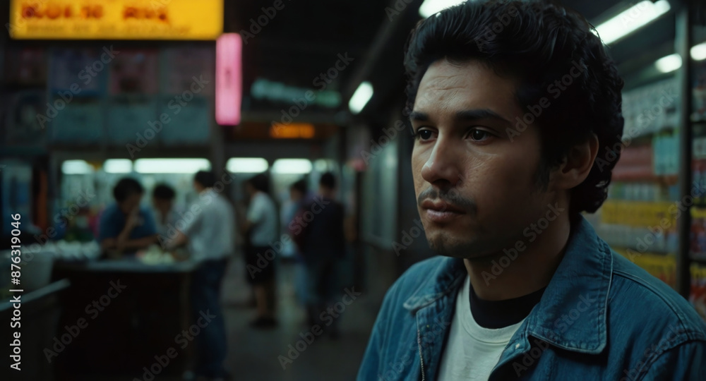 man with dark hair looking away from camera in denim jacket. People in background . imitation of analog photography with film grain man with dark hair looking away from camera in denim jacket. People in background . imitation of analog photography with film grain