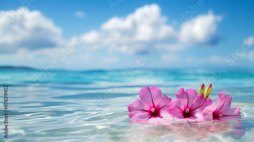Fototapeta Naklejka Na Ścianę i Meble -  Brightly pink colored flowers on the surface of the ocean. Clear sea water and flowers on it