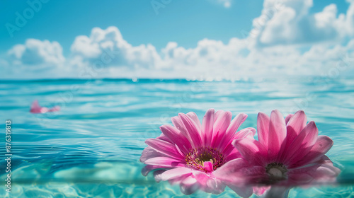 Brightly pink colored flowers on the surface of the ocean. Clear sea water and flowers on it