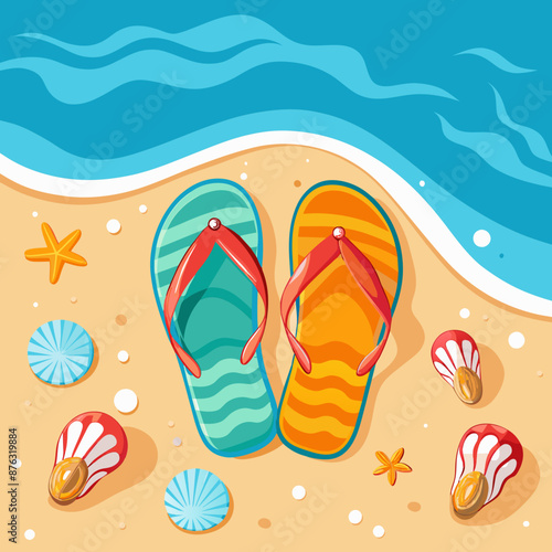 Vibrant minimalistic vector illustration symbolizing summer vibes, fun and relaxation. Pair of colorful flip flops on the beach with seashells, starfish, perfect for summer holiday promotions, travel