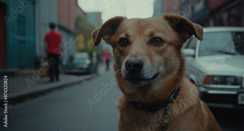 a dog's head with its ears down. The dog is looking into the distance. In the background is a street and passers-by