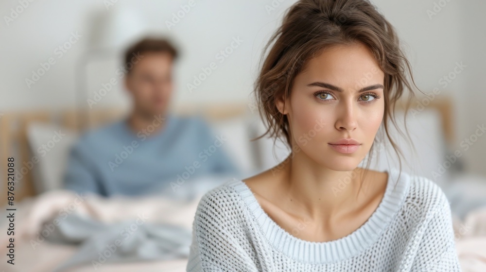 Frustrated woman staring at ceiling as partner snores in cozy bedroom with soft pastel bedding and subtle lighting Frustrated woman staring at ceiling as partner snores in cozy bedroom with soft pastel bedding and subtle lighting