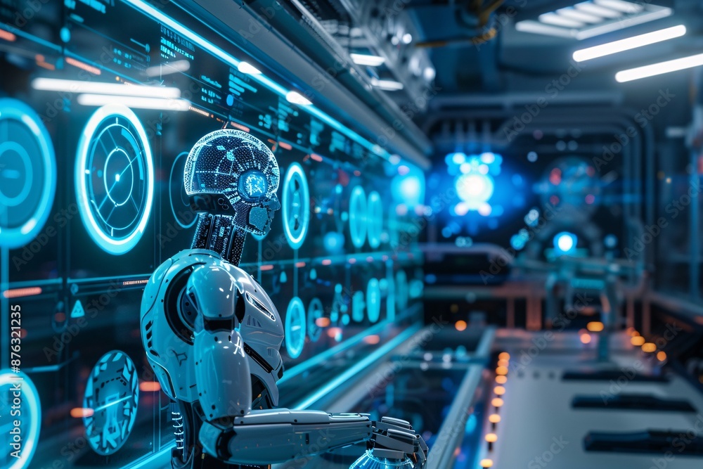 Fototapeta premium A high-tech robotic entity in a futuristic control room with holographic interfaces and neon blue lights.