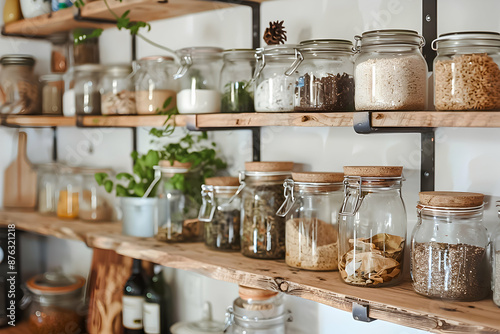 A cozy kitchen setup featuring wooden shelves stocked with various glass jars filled with grains, spices, and dried herbs. © SuperGlück