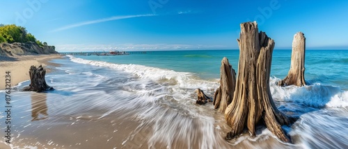 AI generator image of Old decaying tree stumps are being washed by waves on the beach, fine white sand, beautiful colored seawater.Waves crashing near flowers.Goat's Foot Creeper, Beach Morning Glory photo