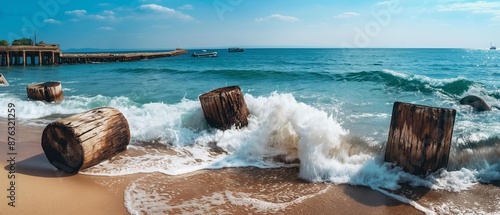 AI generator image of Old decaying tree stumps are being washed by waves on the beach, fine white sand, beautiful colored seawater.Waves crashing near flowers.Goat's Foot Creeper, Beach Morning Glory photo