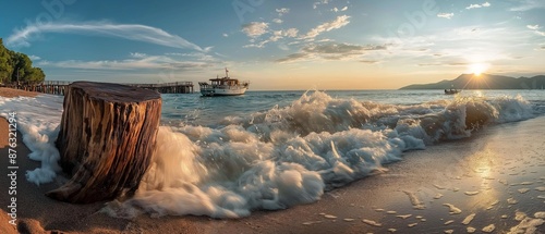 AI generator image of Old decaying tree stumps are being washed by waves on the beach, fine white sand, beautiful colored seawater.Waves crashing near flowers.Goat's Foot Creeper, Beach Morning Glory photo