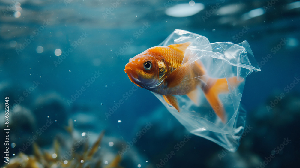 A plastic bag wrapped around a fish in the ocean with copy space A plastic bag wrapped around a fish in the ocean with copy space