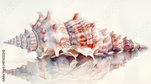 Elegant watercolor painting of a seashell on a reflective surface, showcasing delicate details and soft pastel colors.