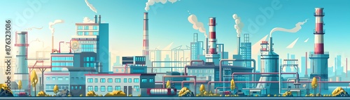 Industrial complex with smokestacks emitting steam.