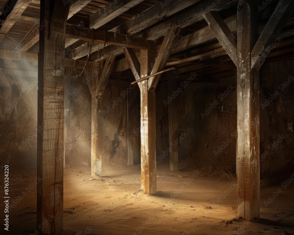 An atmospheric interior of an ancient mine shaft, wooden supports barely holding up the crumbling walls, the eerie sound of creaking wood echoing through the cold, silent tunnels An atmospheric interior of an ancient mine shaft, wooden supports barely holding up the crumbling walls, the eerie sound of creaking wood echoing through the cold, silent tunnels