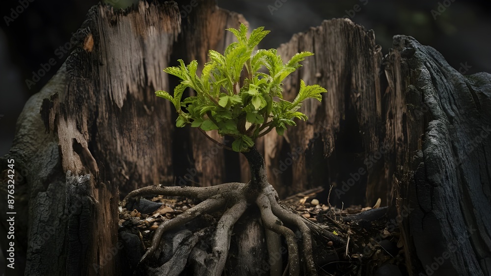 A young tree sprouting from the roots of an old, decaying tree stump, with fresh green leaves, contrasting against the weathered, gray bark of the stump. A young tree sprouting from the roots of an old, decaying tree stump, with fresh green leaves, contrasting against the weathered, gray bark of the stump.