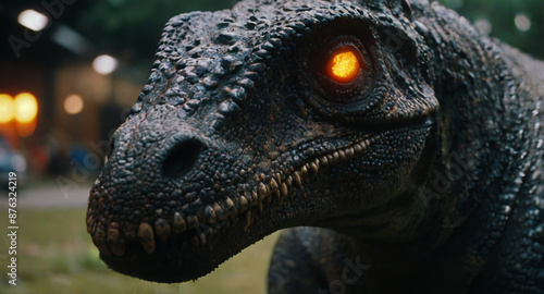 A dinosaur face with glowing eyes. Close-up