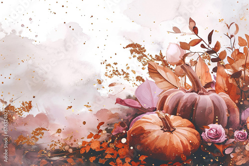 colorful pumpkins and fall leaves on watercolor background, space for text, fall background, template, invitation
