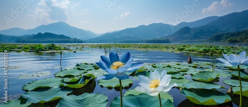 AI generator image of  lake is crystal clear water. Deep in the center of the lake, a gradient blue lotus blooms. Its petals are as soft as silk, and the gradient color changes from deep blue photo