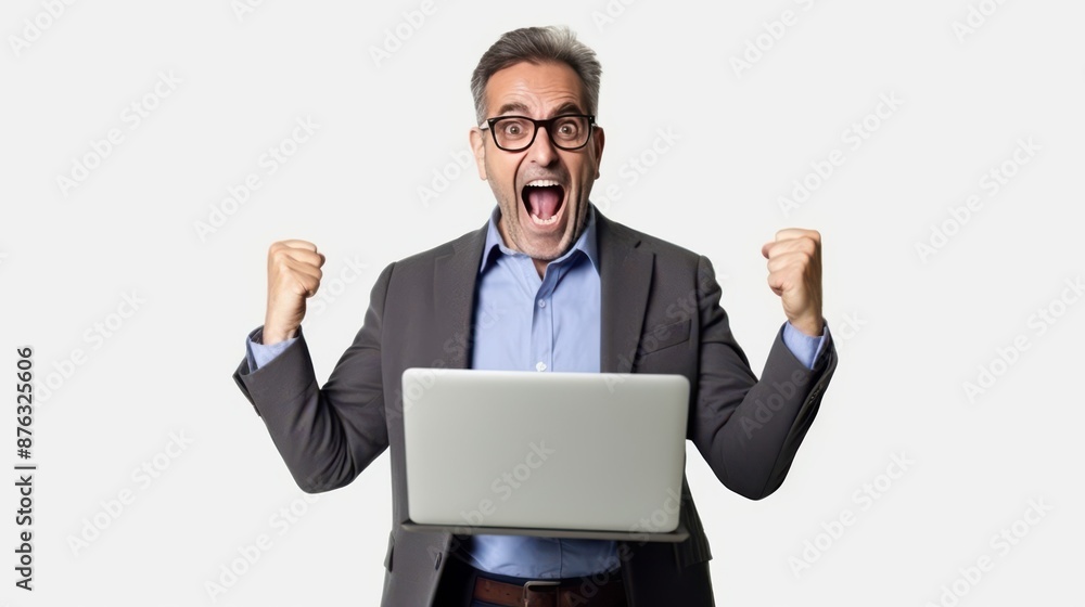 Excited Businessman Celebrating Success With Laptop Excited Businessman Celebrating Success With Laptop